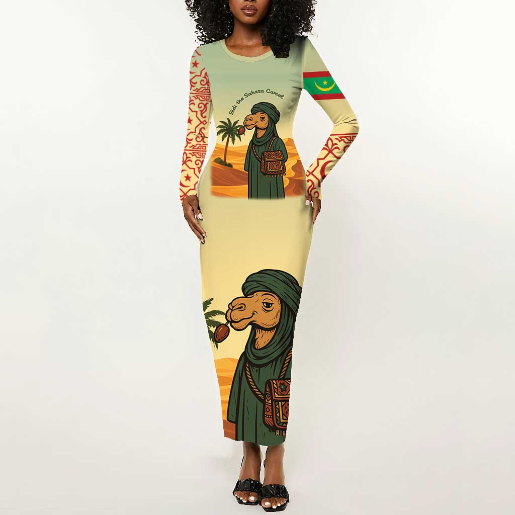 Mauritania Long Sleeve Bodycon Dress - Sidi the Sahara Camel Cartoon and Desert Caravan Design TS04