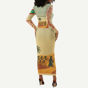 Mauritania Long Sleeve Bodycon Dress - Sidi the Sahara Camel Cartoon and Desert Caravan Design TS04