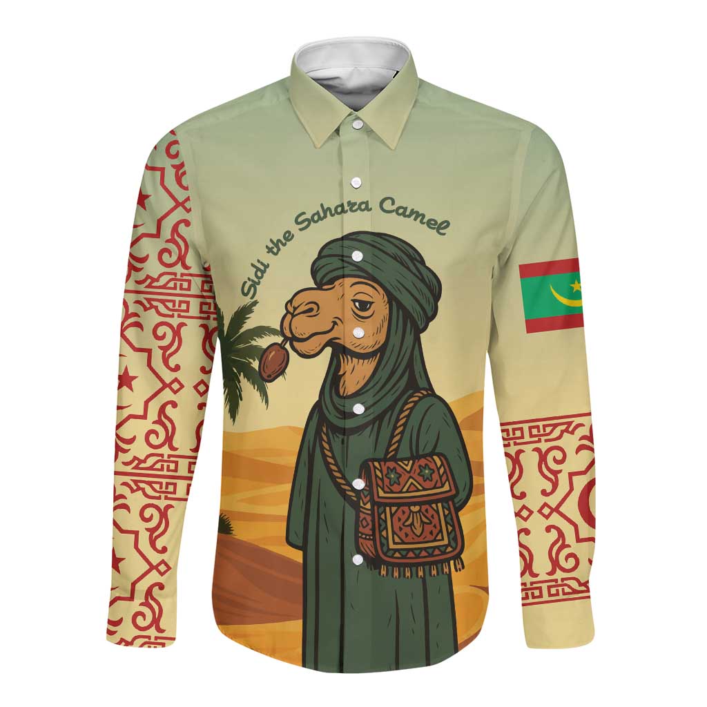 Mauritania Long Sleeve Button Shirt - Sidi the Sahara Camel Cartoon and Desert Caravan Design