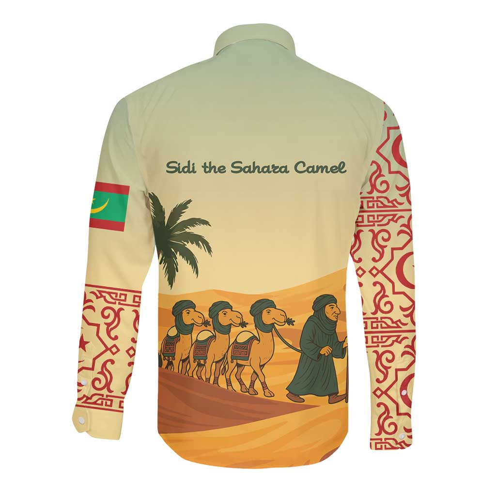 Mauritania Long Sleeve Button Shirt - Sidi the Sahara Camel Cartoon and Desert Caravan Design