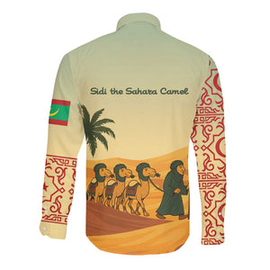 Mauritania Long Sleeve Button Shirt - Sidi the Sahara Camel Cartoon and Desert Caravan Design