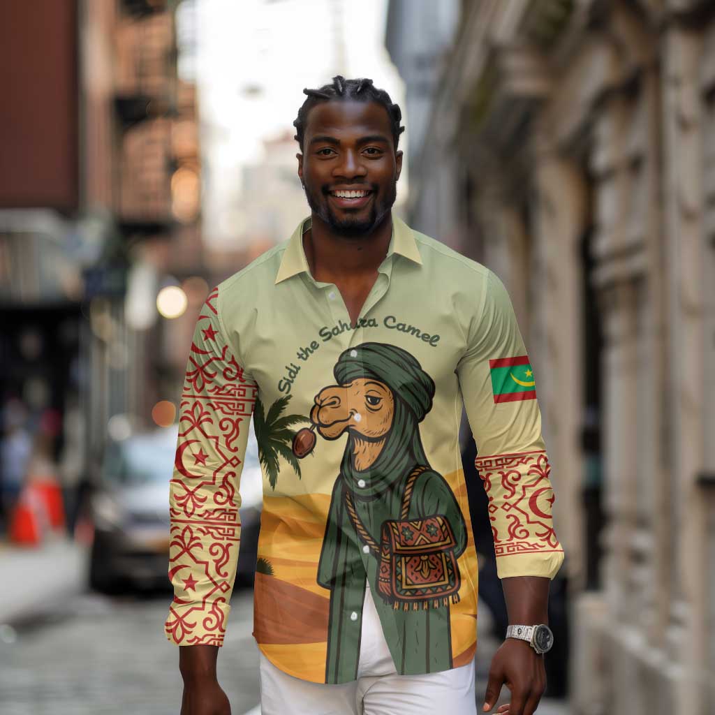 Mauritania Long Sleeve Button Shirt - Sidi the Sahara Camel Cartoon and Desert Caravan Design