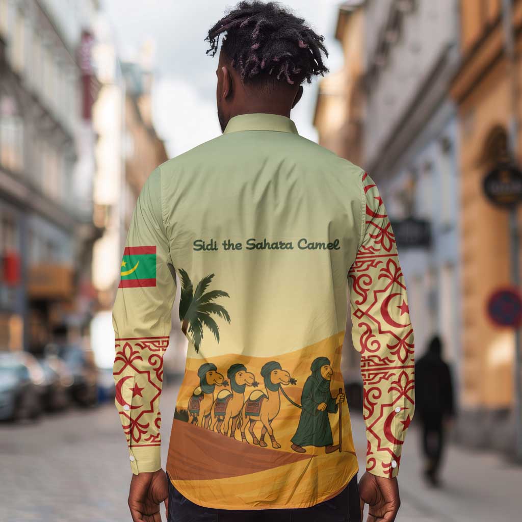 Mauritania Long Sleeve Button Shirt - Sidi the Sahara Camel Cartoon and Desert Caravan Design