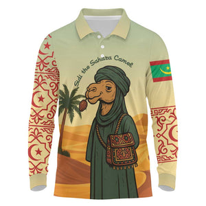 Mauritania Long Sleeve Polo Shirt - Sidi the Sahara Camel Cartoon and Desert Caravan Design