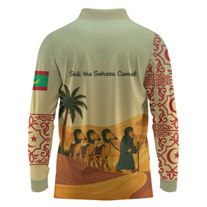 Mauritania Long Sleeve Polo Shirt - Sidi the Sahara Camel Cartoon and Desert Caravan Design