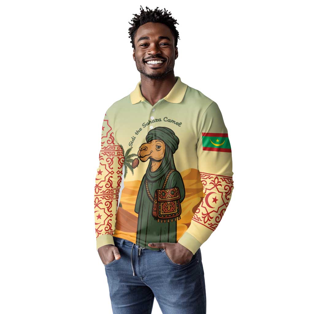 Mauritania Long Sleeve Polo Shirt - Sidi the Sahara Camel Cartoon and Desert Caravan Design