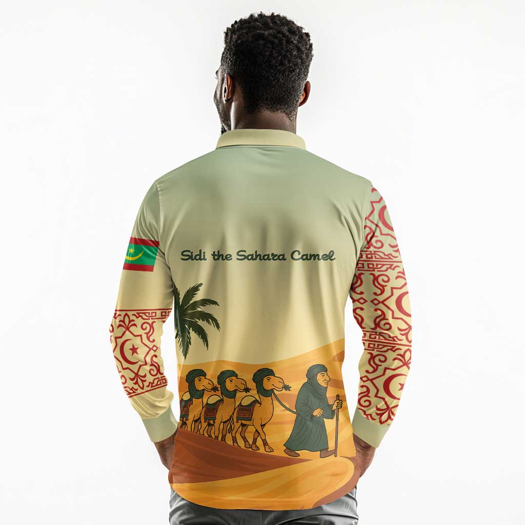Mauritania Long Sleeve Polo Shirt - Sidi the Sahara Camel Cartoon and Desert Caravan Design