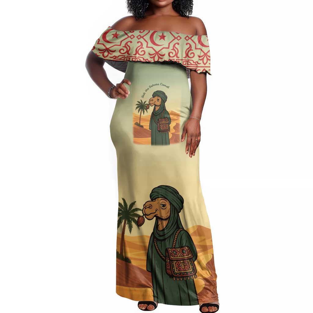 Mauritania Off Shoulder Maxi Dress - Sidi the Sahara Camel Cartoon and Desert Caravan Design