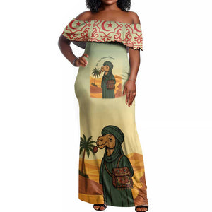 Mauritania Off Shoulder Maxi Dress - Sidi the Sahara Camel Cartoon and Desert Caravan Design