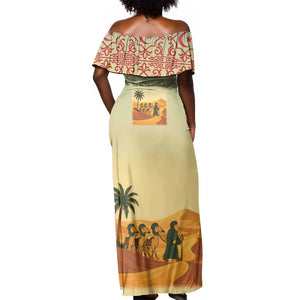 Mauritania Off Shoulder Maxi Dress - Sidi the Sahara Camel Cartoon and Desert Caravan Design
