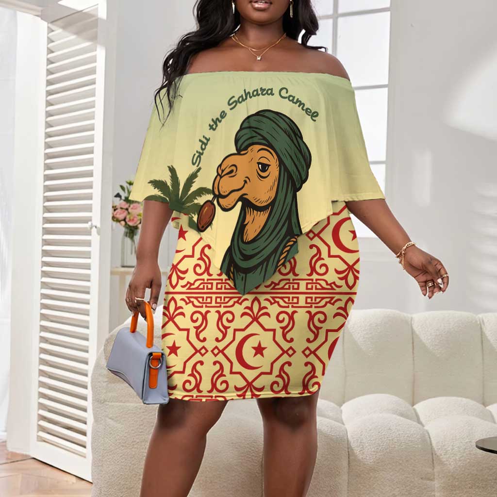 Mauritania Off Shoulder Short Dress - Sidi the Sahara Camel Cartoon and Desert Caravan Design