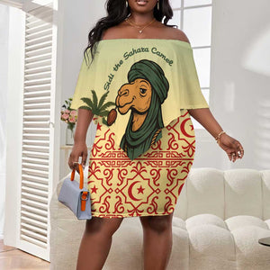 Mauritania Off Shoulder Short Dress - Sidi the Sahara Camel Cartoon and Desert Caravan Design
