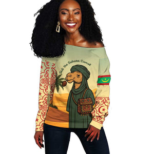 Mauritania Off Shoulder Sweater - Sidi the Sahara Camel Cartoon and Desert Caravan Design