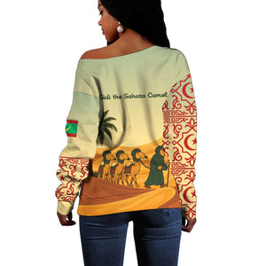 Mauritania Off Shoulder Sweater - Sidi the Sahara Camel Cartoon and Desert Caravan Design