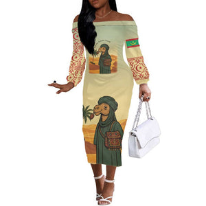Mauritania Off The Shoulder Long Sleeve Dress - Sidi the Sahara Camel Cartoon and Desert Caravan Design