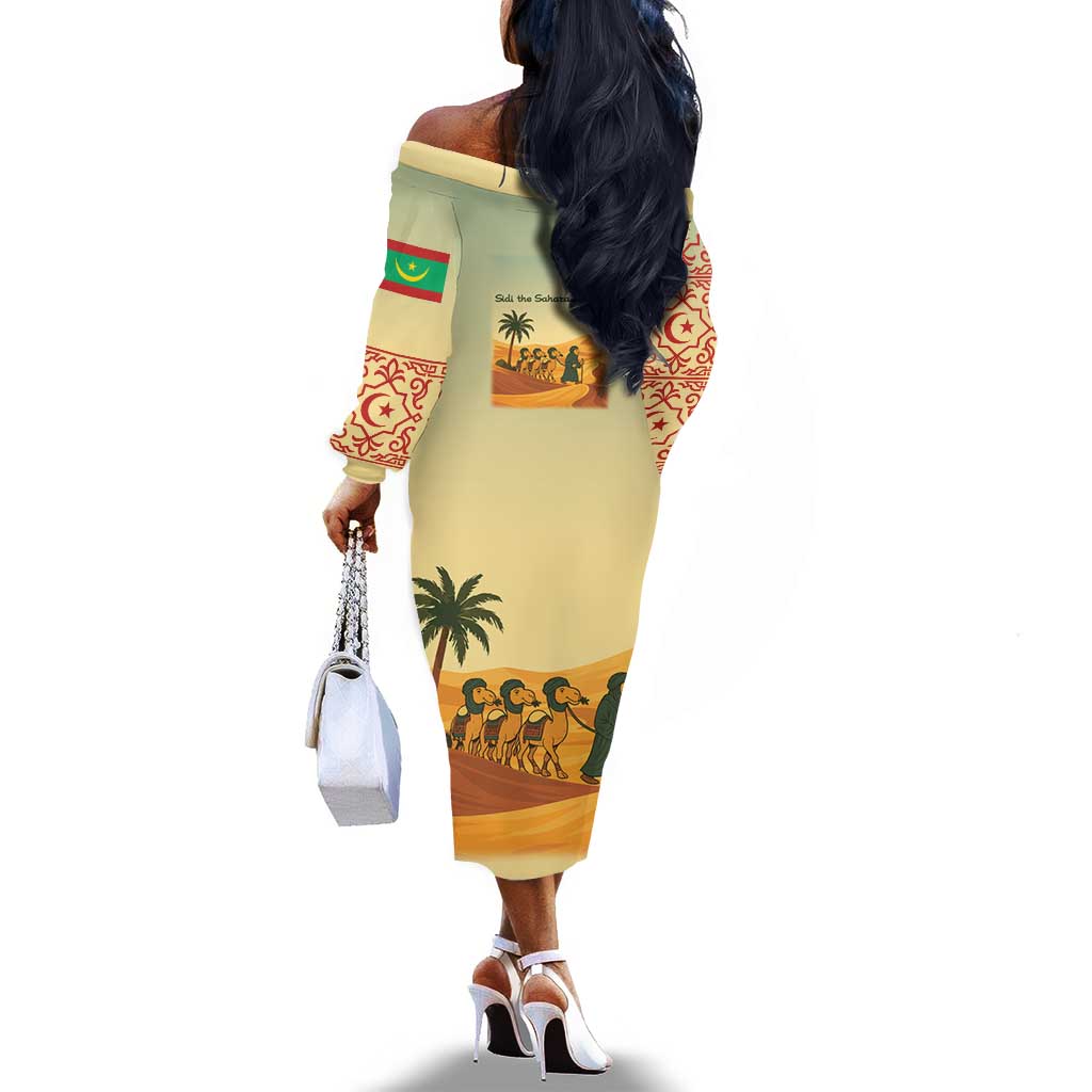 Mauritania Off The Shoulder Long Sleeve Dress - Sidi the Sahara Camel Cartoon and Desert Caravan Design