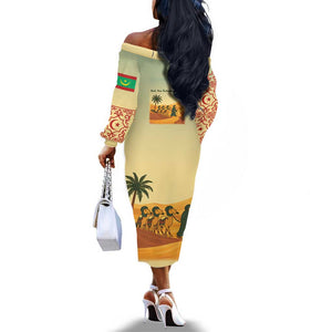 Mauritania Off The Shoulder Long Sleeve Dress - Sidi the Sahara Camel Cartoon and Desert Caravan Design