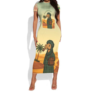 Mauritania Short Sleeve Bodycon Dress - Sidi the Sahara Camel Cartoon and Desert Caravan Design TS04
