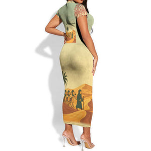 Mauritania Short Sleeve Bodycon Dress - Sidi the Sahara Camel Cartoon and Desert Caravan Design TS04