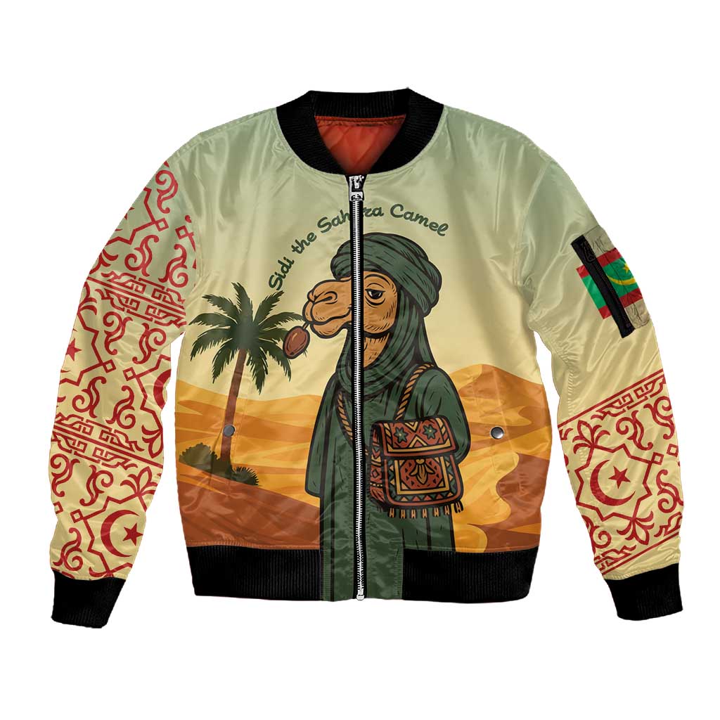 Mauritania Sleeve Zip Bomber Jacket - Sidi the Sahara Camel Cartoon and Desert Caravan Design