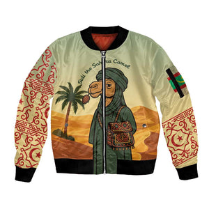 Mauritania Sleeve Zip Bomber Jacket - Sidi the Sahara Camel Cartoon and Desert Caravan Design