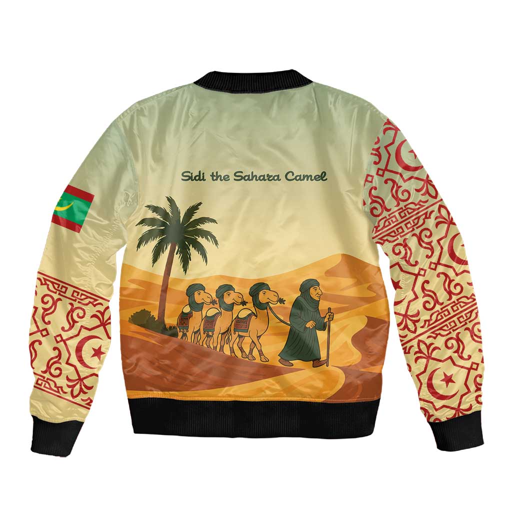 Mauritania Sleeve Zip Bomber Jacket - Sidi the Sahara Camel Cartoon and Desert Caravan Design