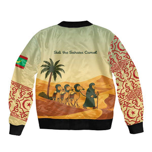 Mauritania Sleeve Zip Bomber Jacket - Sidi the Sahara Camel Cartoon and Desert Caravan Design
