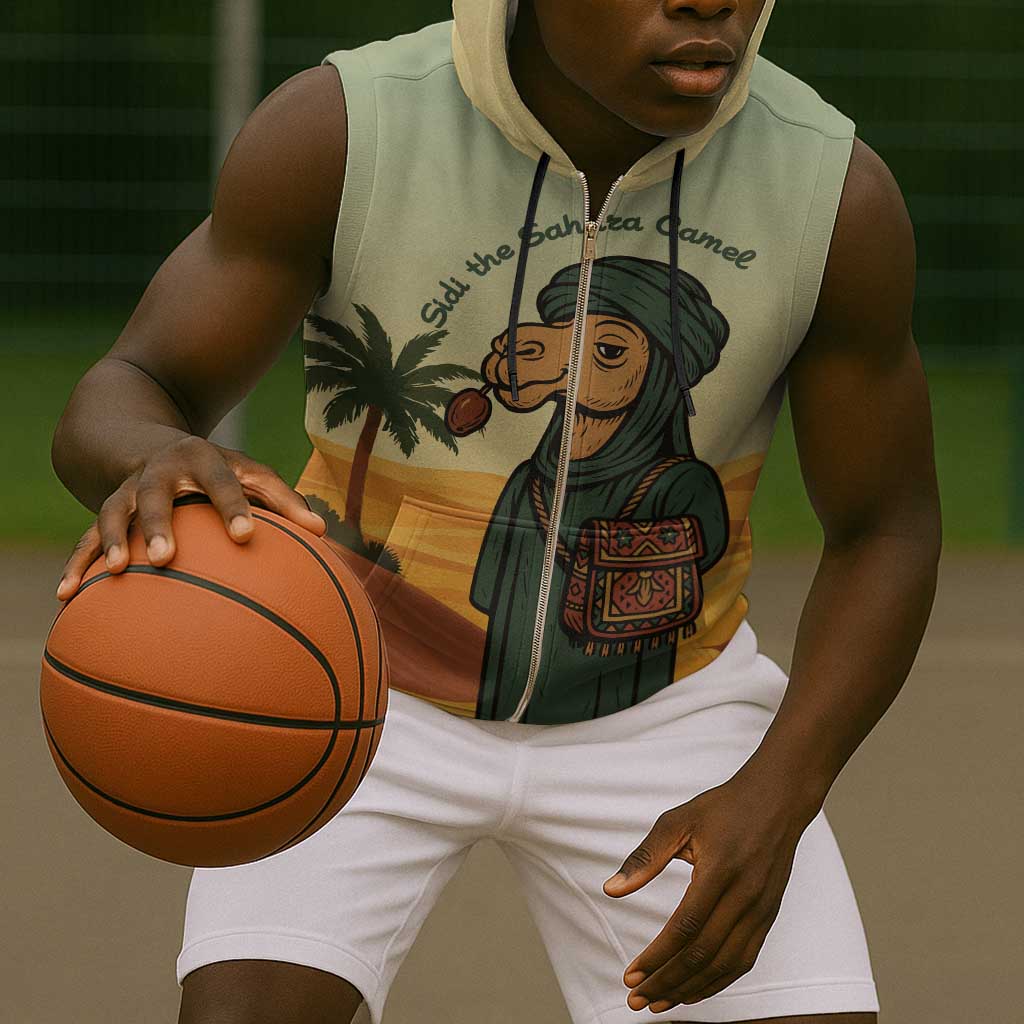 Mauritania Sleeveless Zip Hoodie - Sidi the Sahara Camel Cartoon and Desert Caravan Design - African Pride