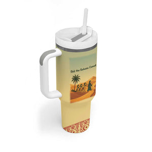 Mauritania Tumbler With Handle - Sidi the Sahara Camel Cartoon and Desert Caravan Design