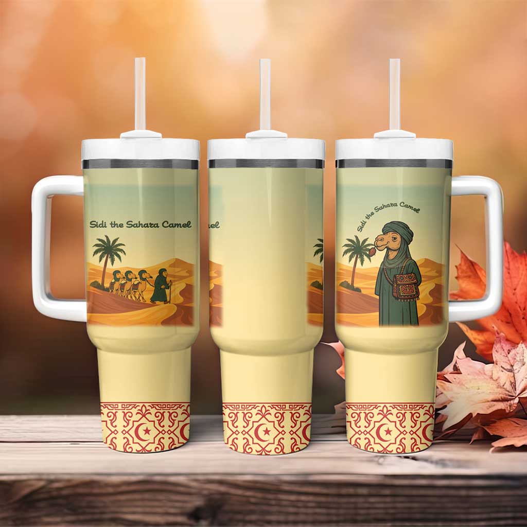 Mauritania Tumbler With Handle - Sidi the Sahara Camel Cartoon and Desert Caravan Design