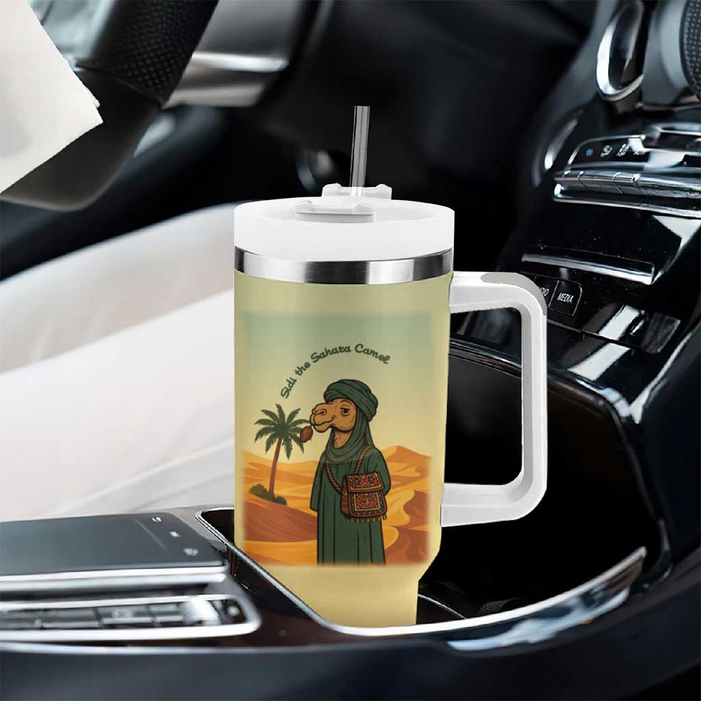 Mauritania Tumbler With Handle - Sidi the Sahara Camel Cartoon and Desert Caravan Design