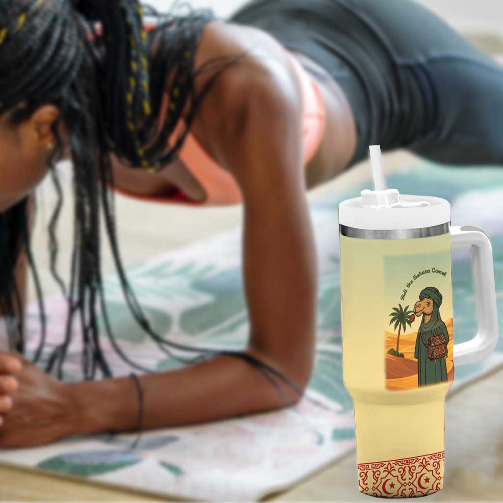 Mauritania Tumbler With Handle - Sidi the Sahara Camel Cartoon and Desert Caravan Design