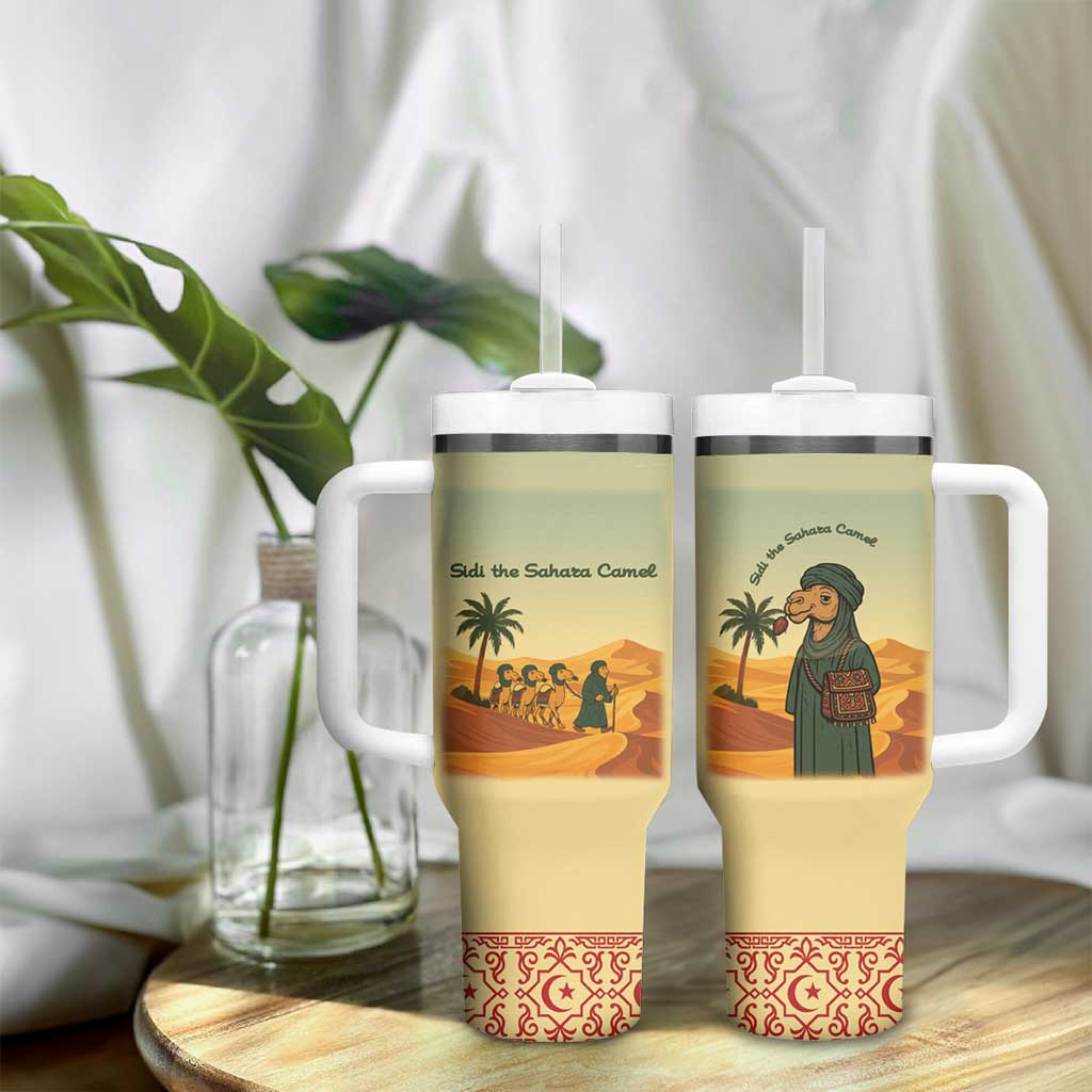 Mauritania Tumbler With Handle - Sidi the Sahara Camel Cartoon and Desert Caravan Design