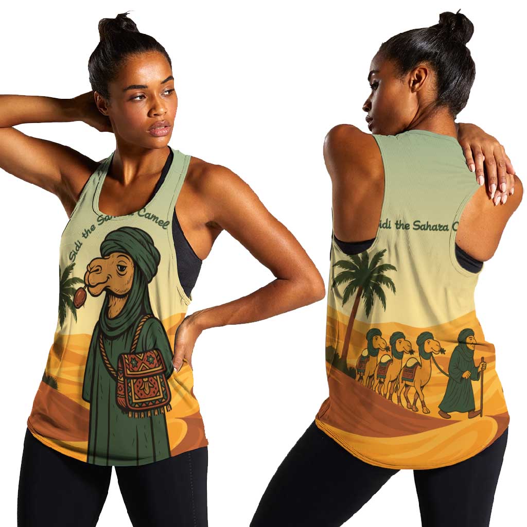 Mauritania Women Racerback Tank - Sidi the Sahara Camel Cartoon and Desert Caravan Design