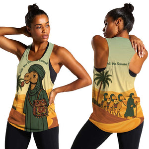 Mauritania Women Racerback Tank - Sidi the Sahara Camel Cartoon and Desert Caravan Design