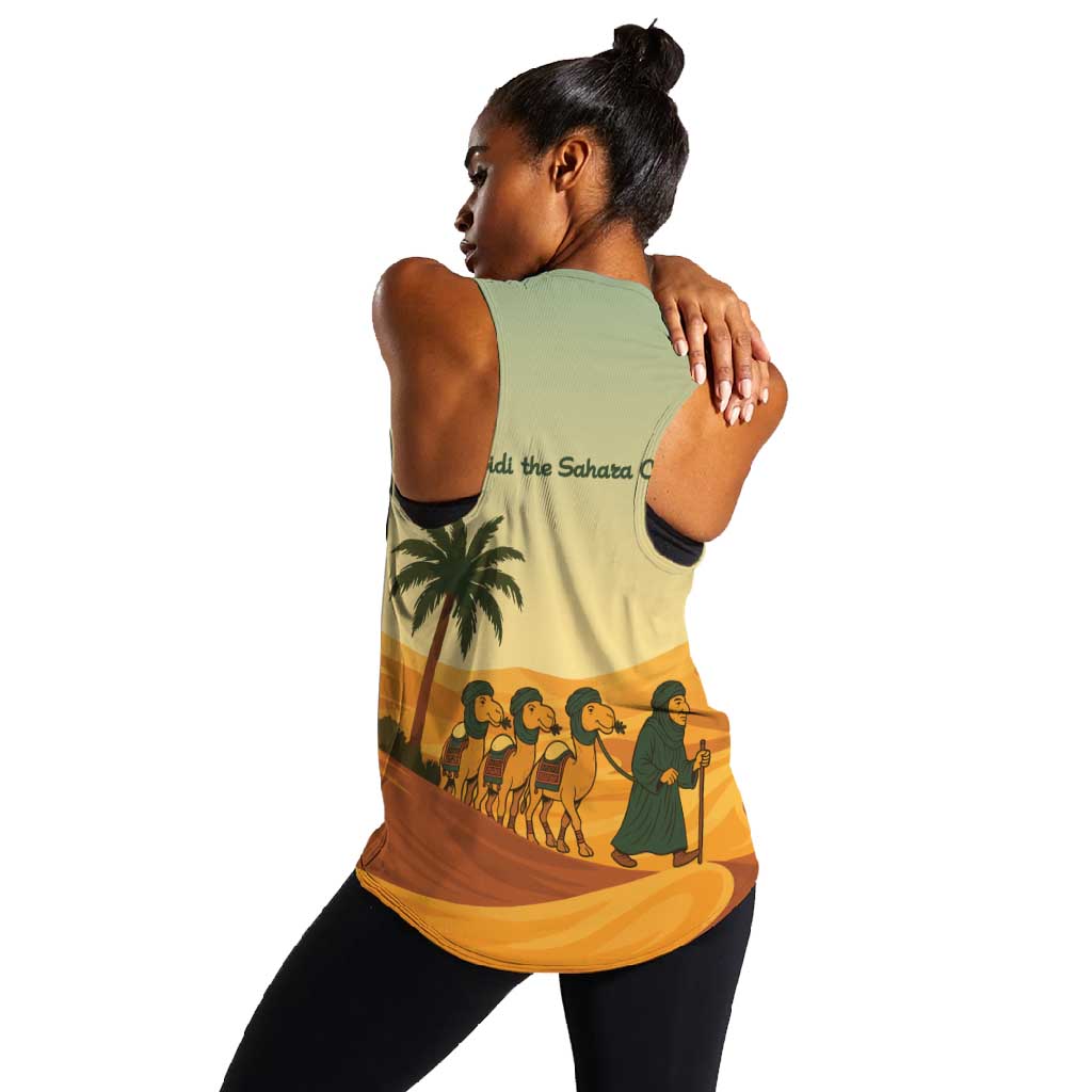Mauritania Women Racerback Tank - Sidi the Sahara Camel Cartoon and Desert Caravan Design