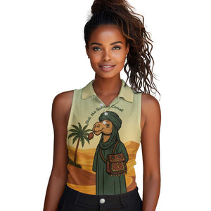 Mauritania Women Sleeveless Polo Shirt - Sidi the Sahara Camel Cartoon and Desert Caravan Design