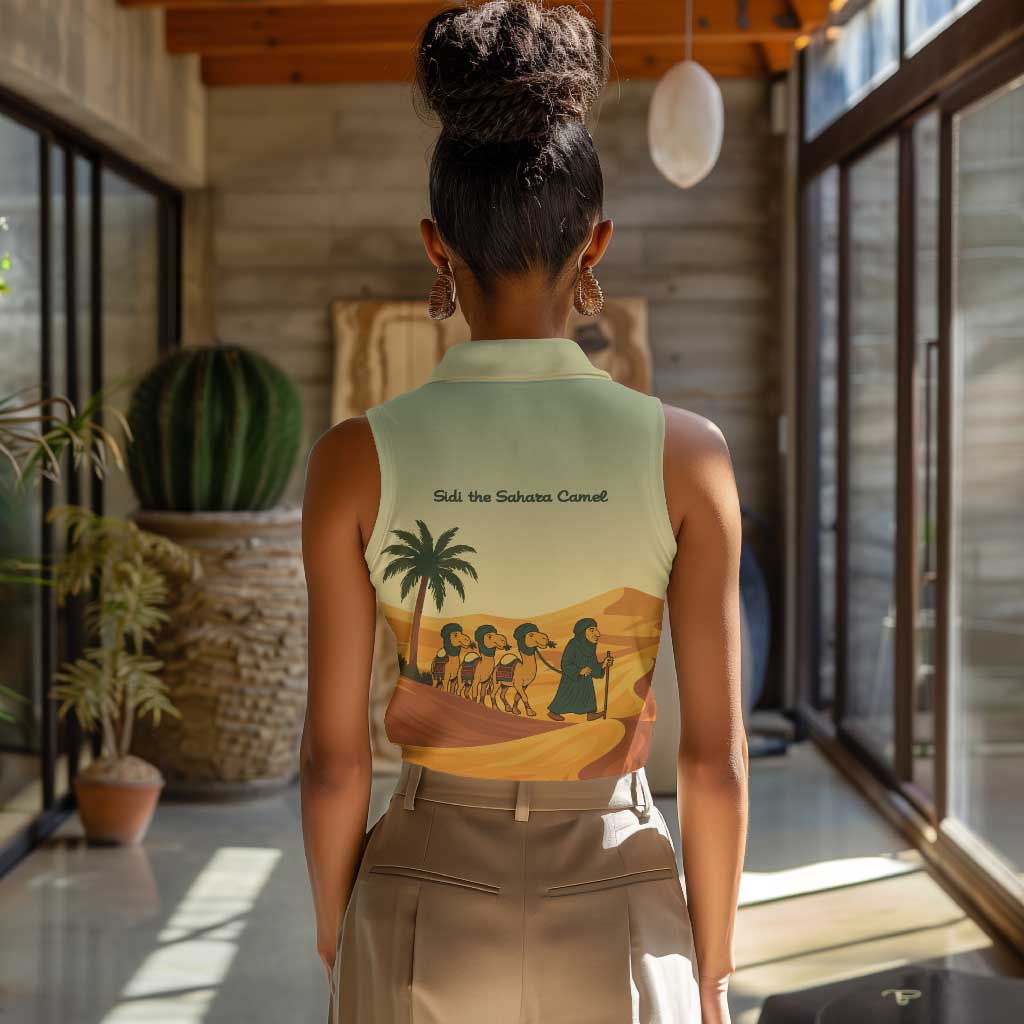 Mauritania Women Sleeveless Polo Shirt - Sidi the Sahara Camel Cartoon and Desert Caravan Design