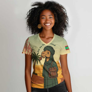 Mauritania Women V-Neck T-Shirt - Sidi the Sahara Camel Cartoon and Desert Caravan Design
