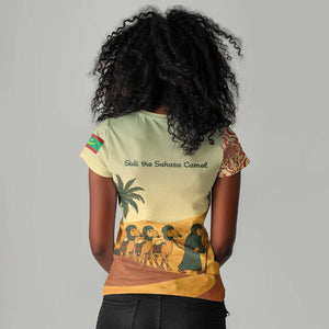 Mauritania Women V-Neck T-Shirt - Sidi the Sahara Camel Cartoon and Desert Caravan Design