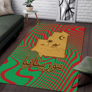 Mauritania Area Rug - Desert Camel Crescent Moon and Palm Tree Graphic in Red Green Gold Pattern