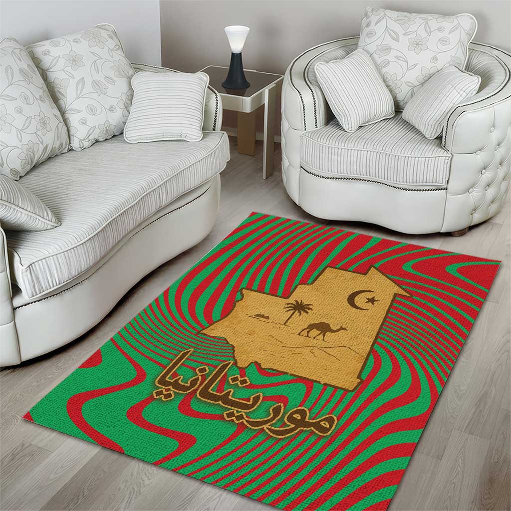 Mauritania Area Rug - Desert Camel Crescent Moon and Palm Tree Graphic in Red Green Gold Pattern