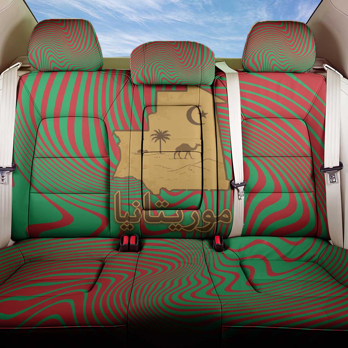 Mauritania Back Car Seat Cover - Desert Camel Crescent Moon and Palm Tree Graphic in Red Green Gold Pattern