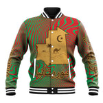 Mauritania Baseball Jacket - Desert Camel Crescent Moon and Palm Tree Graphic in Red Green Gold Pattern