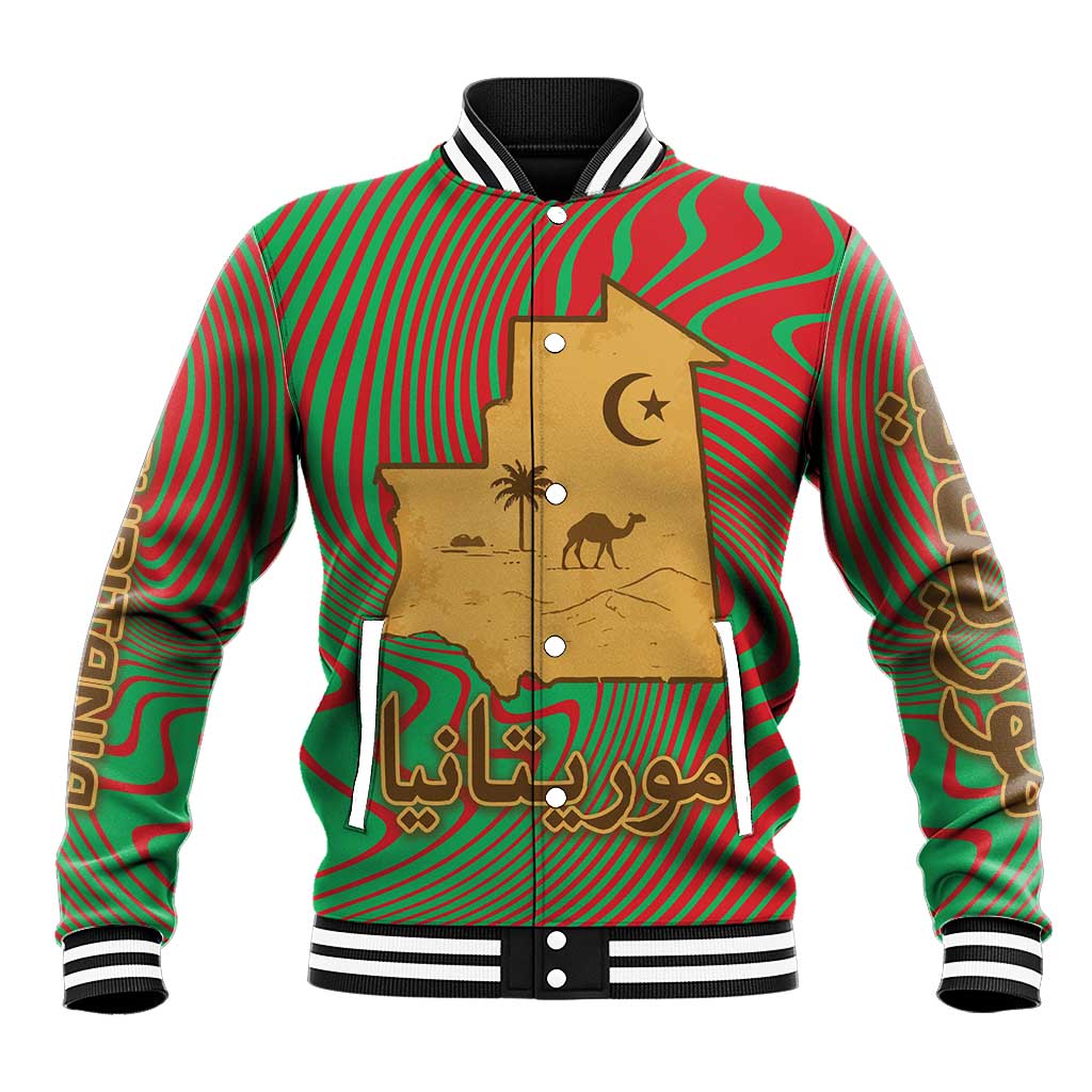 Mauritania Baseball Jacket - Desert Camel Crescent Moon and Palm Tree Graphic in Red Green Gold Pattern