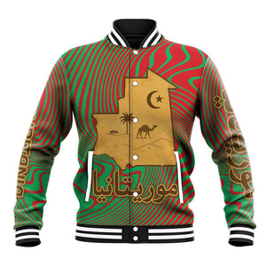 Mauritania Baseball Jacket - Desert Camel Crescent Moon and Palm Tree Graphic in Red Green Gold Pattern