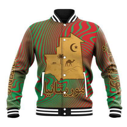 Mauritania Baseball Jacket - Desert Camel Crescent Moon and Palm Tree Graphic in Red Green Gold Pattern
