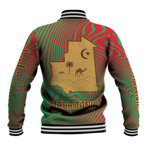 Mauritania Baseball Jacket - Desert Camel Crescent Moon and Palm Tree Graphic in Red Green Gold Pattern