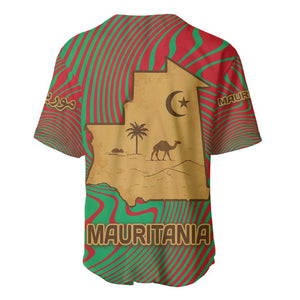 Mauritania Baseball Jersey - Desert Camel Crescent Moon and Palm Tree Graphic in Red Green Gold Pattern