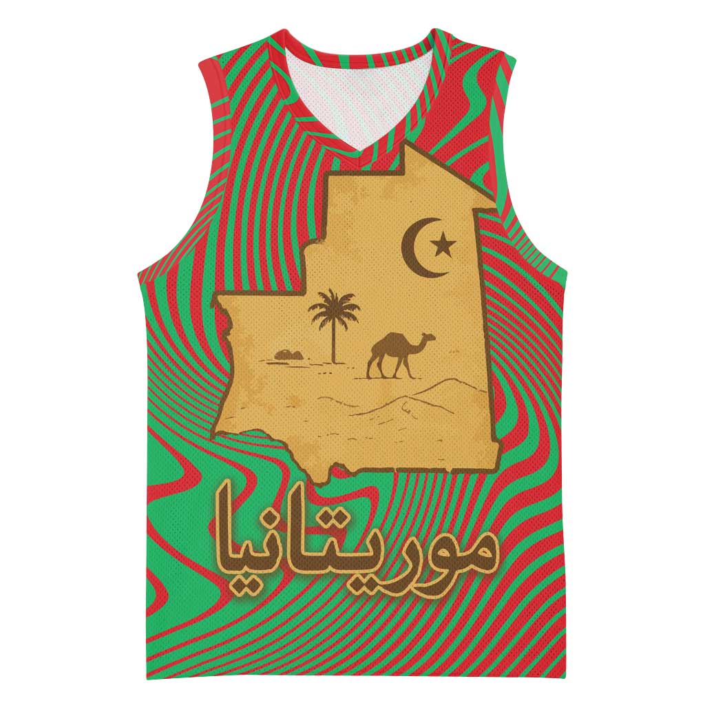 Mauritania Basketball Jersey - Desert Camel Crescent Moon and Palm Tree Graphic in Red Green Gold Pattern - African Pride